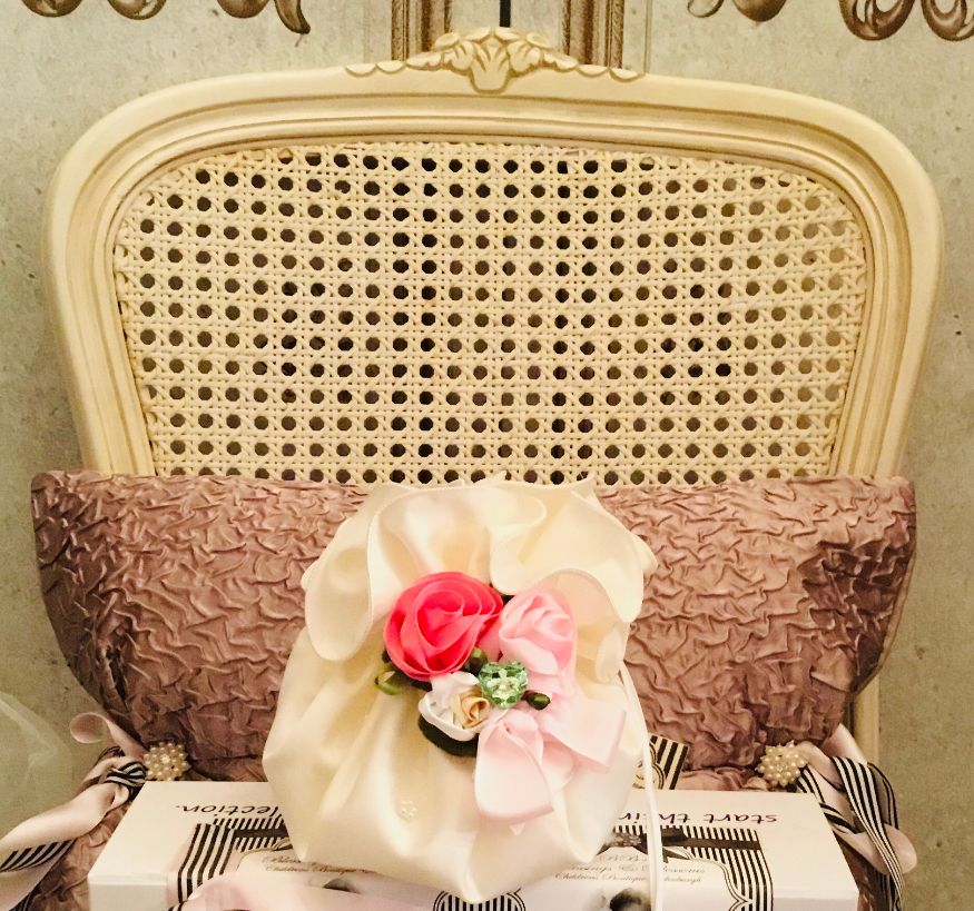 BBs Blossom Ivory Dolly Bag C/P/Cr pink ribbon